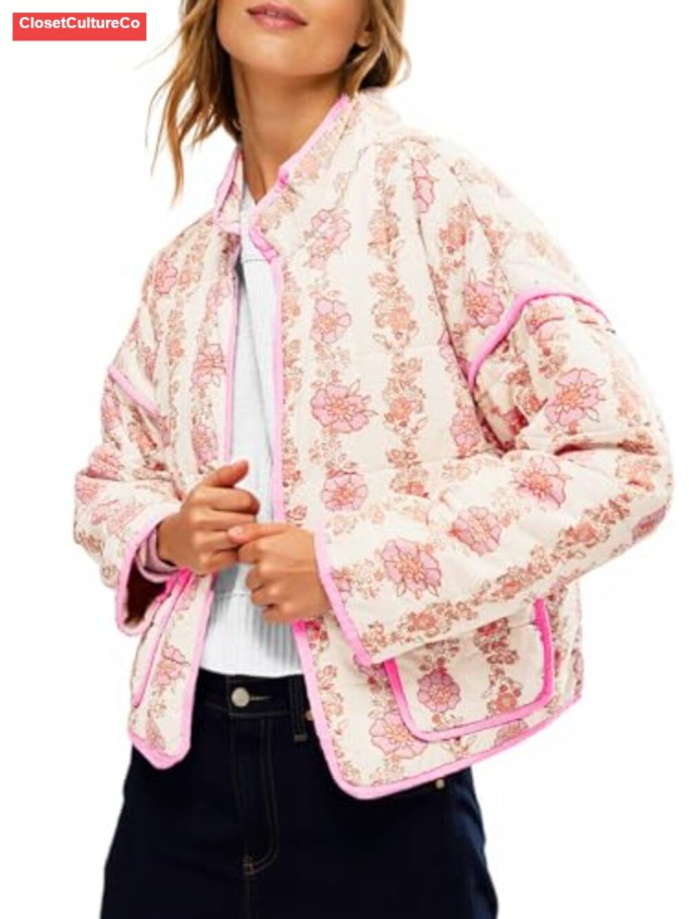 Quilted Lightweight Floral Jacket Open Front Padded Winter Coat